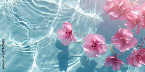 Beautiful flowers floating on the water on a blue or pink background. Top view  flat surface. 