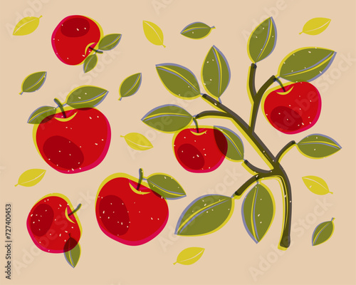 Apple tree branch, apples and leaves printed on a risograph. Vector illustration