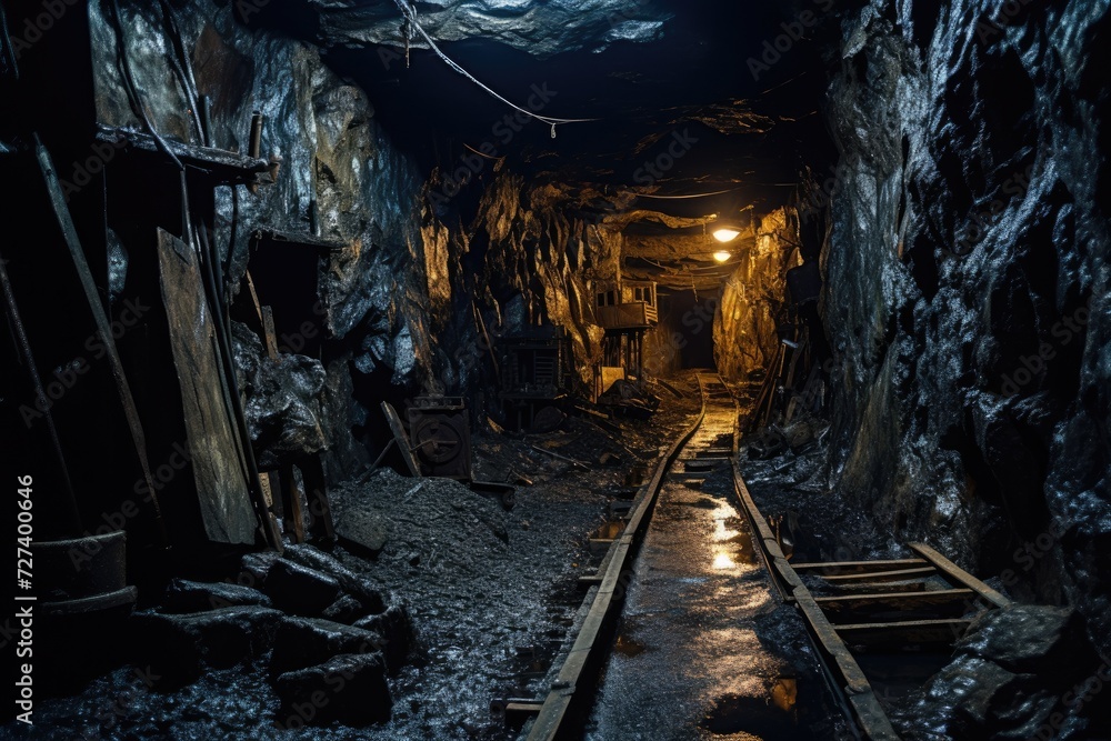 A captivating photo showcasing a dimly lit tunnel that leads to a radiant light at its exit, underground mining tunne, AI Generated A captivating photo showcasing a dimly lit tunnel that leads to a radiant light at its exit, underground mining tunne, AI Generated