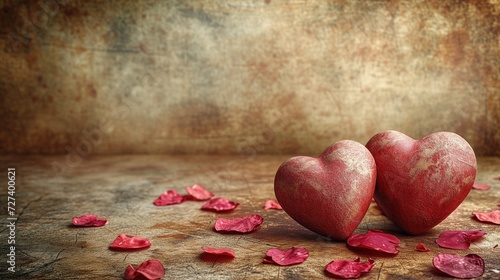 Na stole leżą dwa czerwone serca oraz płatki róż symbolizujące tematykę walentynkową i miłość oraz romans.