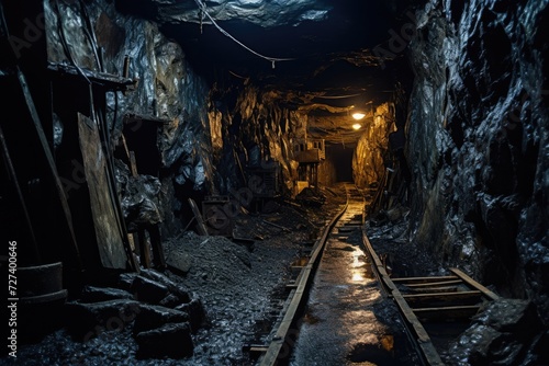 A captivating photo showcasing a dimly lit tunnel that leads to a radiant light at its exit  underground mining tunne  AI Generated
