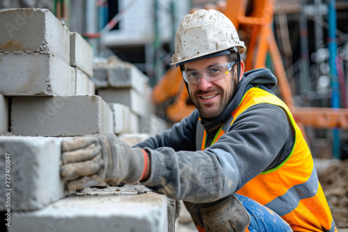 Focused Builder on Construction Site.
Builder with hard hat carefully secures bricks on a new wall. photo