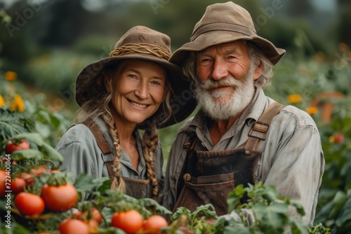 Amidst a bountiful garden, a person with a sun hat and a warm smile stands beside a woman in natural clothing, surrounded by vibrant produce and plants, showcasing the beauty of local, whole foods