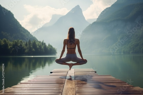 A woman calmly practices yoga  seated in a serene pose on a wooden dock  Young girl practice yoga on wooden pier with a view on lake and beautiful landscape  AI Generated