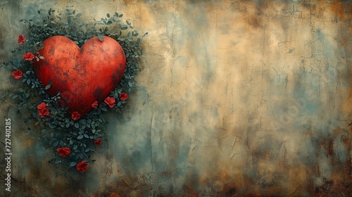 Na obrazie widoczne jest serce, otoczone kwiatami, nawiązujące do tematyki walentynkowej, miłości i romansu.