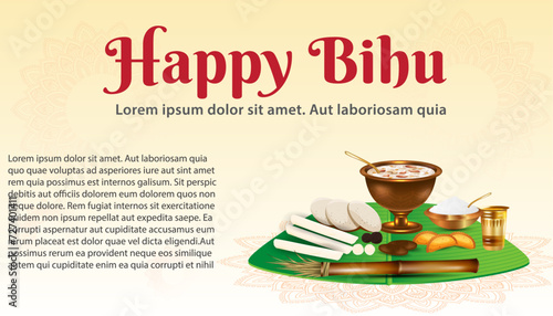 Greeting banner with traditional sweets: ladoo, and pitha for North Indian Assamese New Year (and harvest) festival Rongali Bihu. Vector illustration. Bohag bihu illustration.
 photo