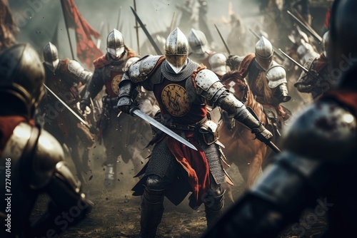 A group of armored men on powerful horses, charging fearlessly towards the battlefield ready to engage in combat, Medieval knights charging towards each other on a battle field, AI Generated
