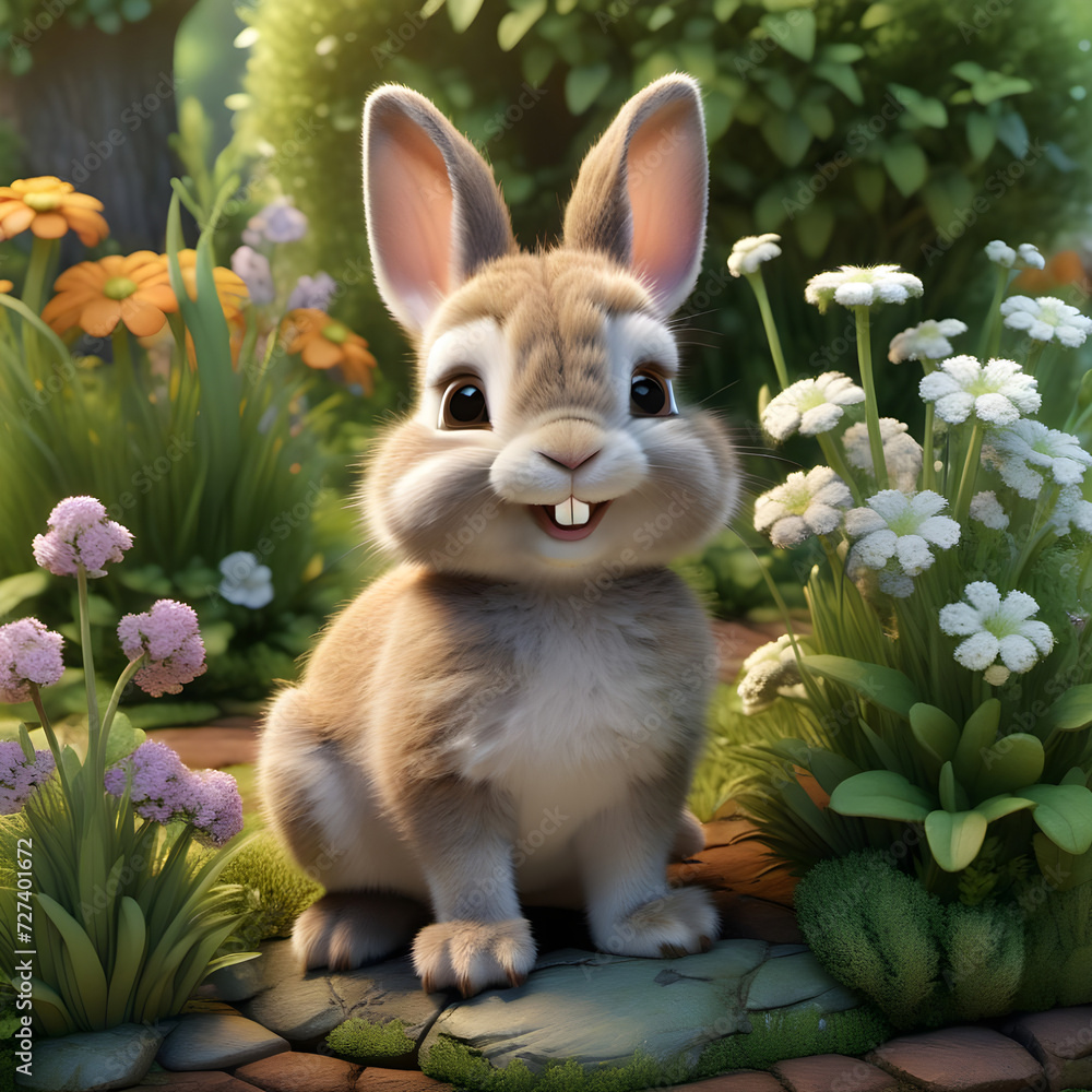 Smiling rabbit in a flower garden. Illustration of a baby rabbit. Image made in AI.