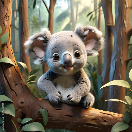 Koala in a forest. Illustration of a cute baby koala. Image made in AI.