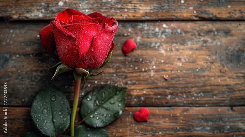 Czerwona róża leży na drewnianym stole, podkreślając temat walentynkowy i miłości oraz romansu.