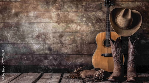 an acoustic guitar, cowboy hat, and boots arranged against a blank wooden plank grunge background, providing ample copy space for text or branding. © lililia