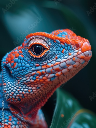 Macro shot showcasing the expressive features of an exotic lizard in a rainforest setting. Close-up portrait photograph.