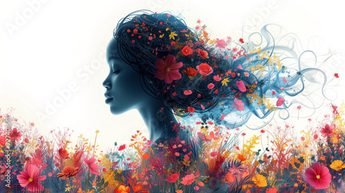 international women's day concept with woman silhouette colorful flowers and splash
