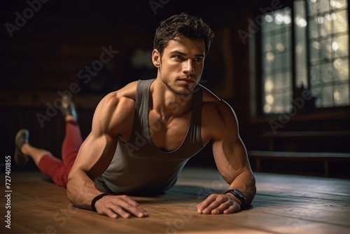 A man is seen laying on the floor of a gym, taking a moment of rest after a challenging workout., Nice handsome man lying on the floor and doing a special sports exercise, AI Generated