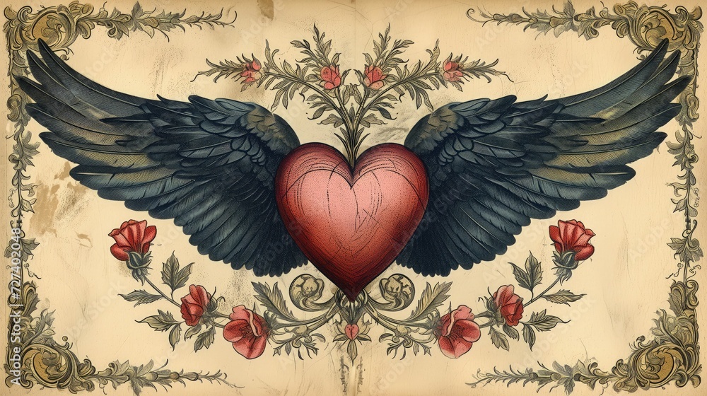 Arcydzieło przedstawiający serce z widocznymi czarnymi skrzydłami i otoczone kwiatami. Vintage style - obrazy, fototapety, plakaty 