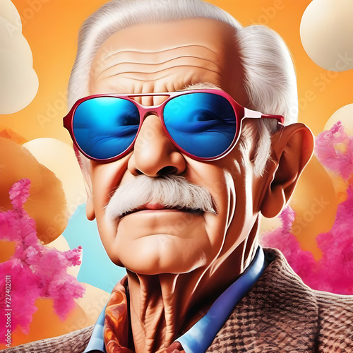 Stylish senior man. Grandpa wearing sunglasses in a colorful and fun setting. Image made in AI.