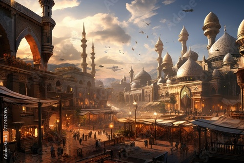 A stunning view of a futuristic city filled with an array of tall buildings, showcasing modern architectural marvels., Ornate Arabian architecture amidst a bustling marketplace, AI Generated