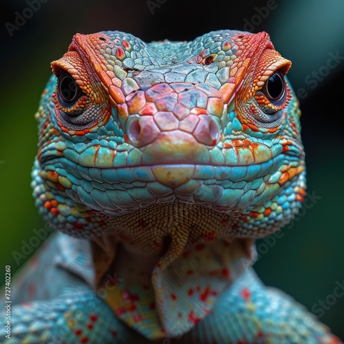 Close-up photograph capturing the detailed expression of an exotic lizard in the lush rainforest. Macro portrait shot.