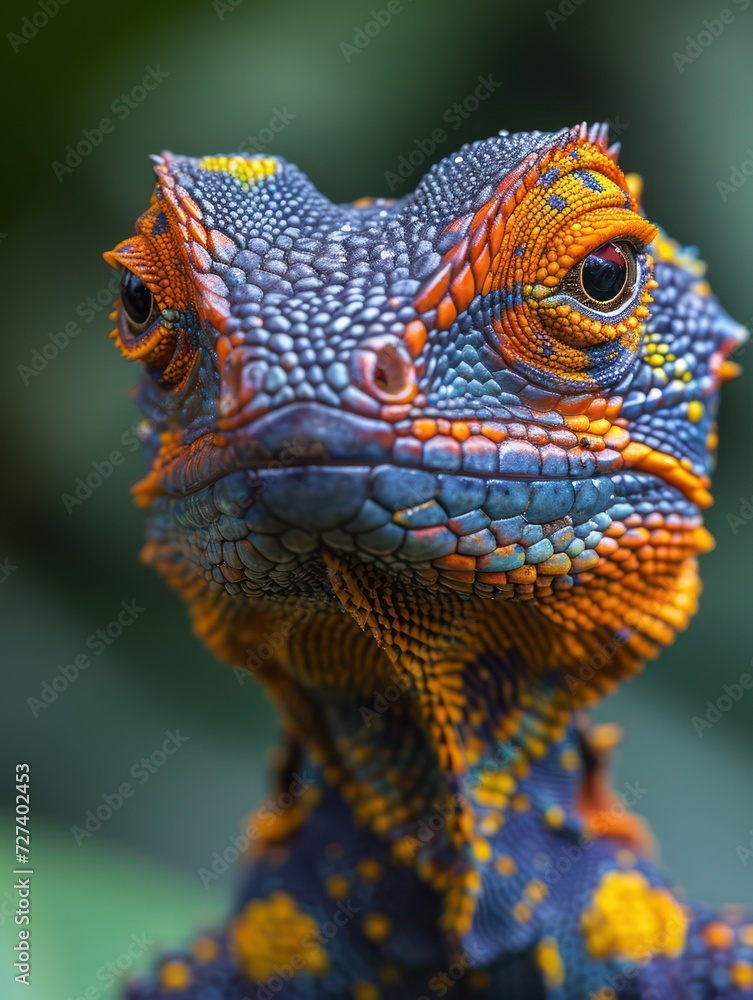 close up portrait shot of an exotic expressive lizard in a rainforest, macro photograph