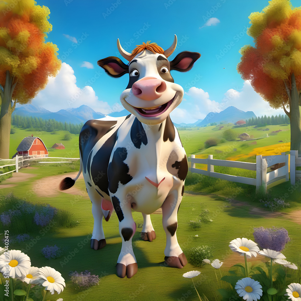 Character of a cow smiling. Custom illustration of a happy cow. Image made in AI.
