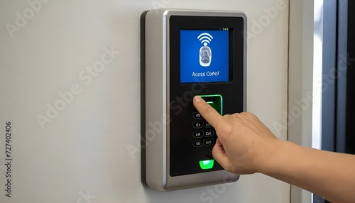 Finger print scan access control system machine on wall near entrance door of office or software house created with generative ai