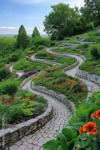A terraced garden on a hillside, featuring winding paths and retaining walls adorned with flora.