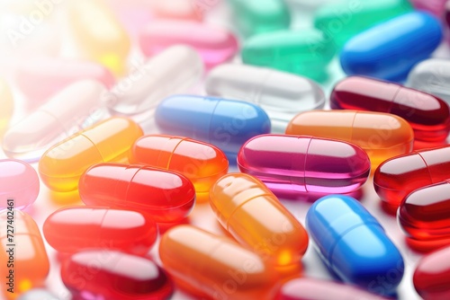 A diverse assortment of colorful pills neatly stacked on a table, offering a range of medications for different treatments., Pile of colorful medicine pills and capsules in blister packs, AI Generated