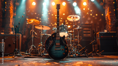 A rock concert's stage setup, featuring electric guitars and drums, embodying...
