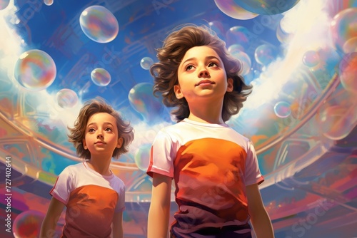 A vibrant painting capturing the joyful innocence of two young girls as they stand in front of a playful display of bubbles, portrait of young gymnasts competing in the stadium, AI Generated
