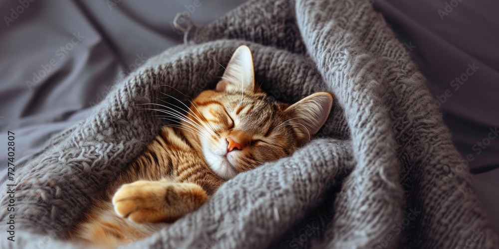 Domestic cat sleeps in a soft cozy blanket. Caring for a pet. Horizontal banner
