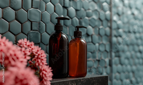 Mockup. Jar with scrub, cream. Cosmetical tools. Shelf in the shower photo