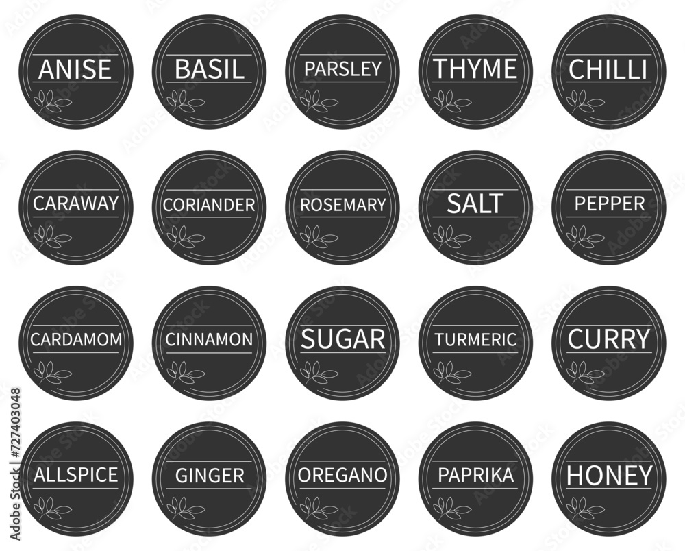 Cardboard stickers or labels for jars of spices and herbs.Set of 20 vector stickers with names of spices in English. Can be used to label kitchen food containers.