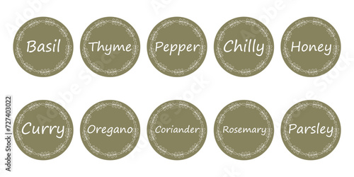 Labels or stickers for food,spices and herbs.Collection of round stickers with flower frame and spice name.Vector illustration.