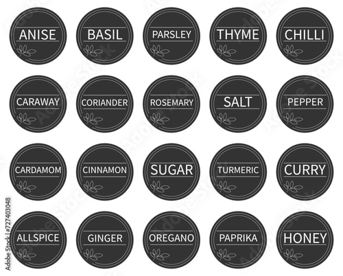 Cardboard stickers or labels for jars of spices and herbs.Set of 20 vector stickers with names of spices in English. Can be used to label kitchen food containers.