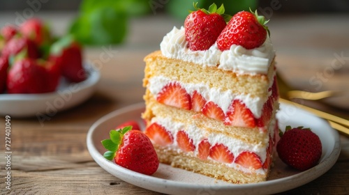 A fluffy strawberry shortcake  layers of sponge cake  fresh strawberries  and whipped cream.