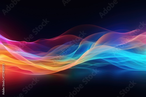 A captivating image of a vibrant, colorful wave of smoke against a sleek black backdrop, Rainbow-colored data torrent with dynamic motion blur, AI Generated