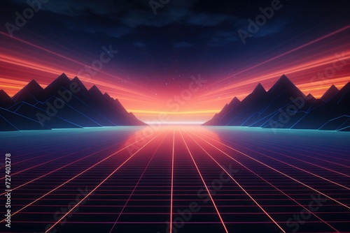 A breathtaking view of a futuristic landscape featuring majestic mountains in the distance, Retro-futurist neon grid stretching towards the horizon, AI Generated