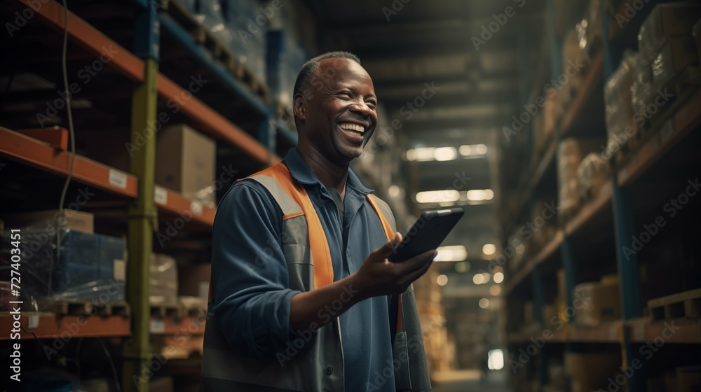A middle-aged African man is selecting a repair tool while smiling and laughing in a hardware warehouse A middle-aged African man is selecting a repair tool while smiling and laughing in a hardware warehouse