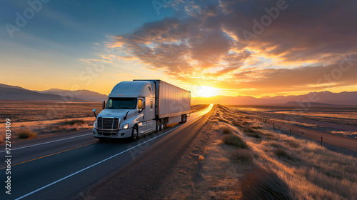Semi Truck Driving Down Highway at Sunset photo