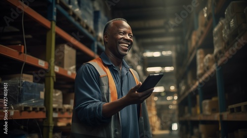 A middle-aged African man is selecting a repair tool while smiling and laughing in a hardware warehouse