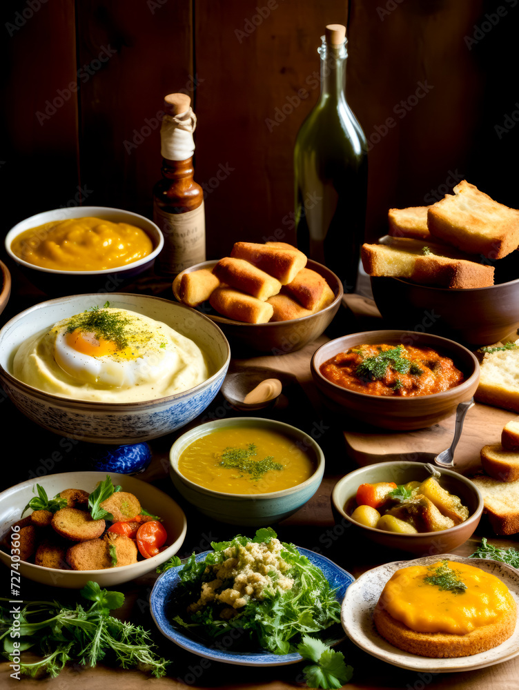 Table topped with bowls of food next to bread and bottle of wine.