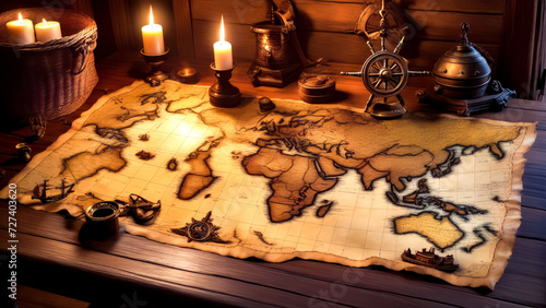 Map of the world on wooden table with two candles on it.