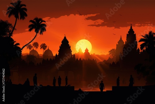 A picturesque sunset over a vibrant cityscape, featuring palm trees silhouetted against the colorful sky, Silhouette of an Indian temple against the setting sun, AI Generated