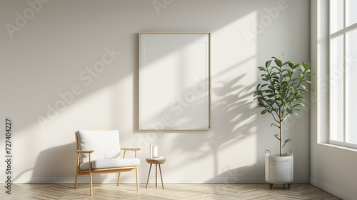 Empty blank wall mounted picture frame. Modern interior design. 3D render © GMeta