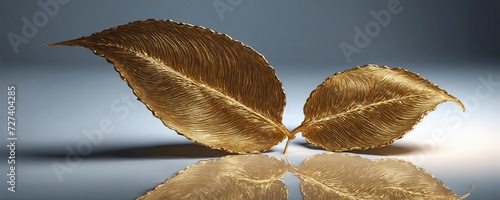 there are two golden leaves that are sitting on a table
