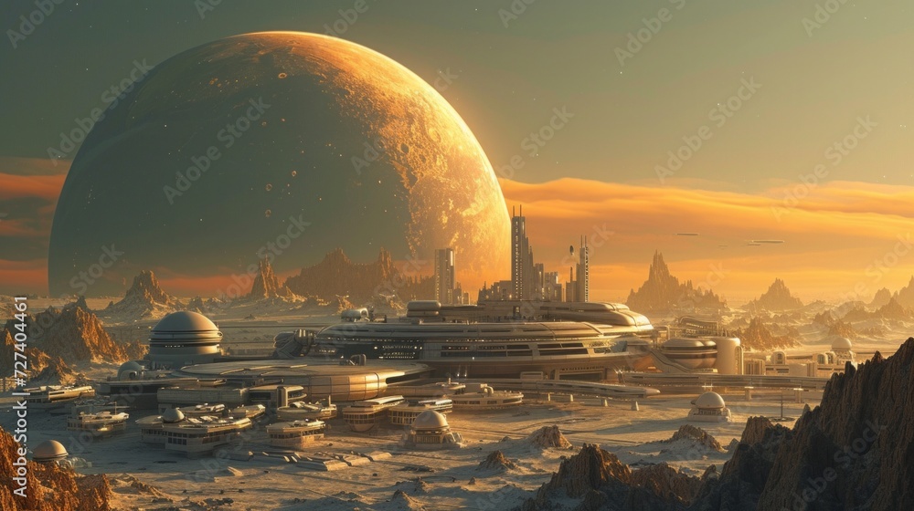 Obraz premium A futuristic space colony on a distant planet, imagining the future of human colonization.