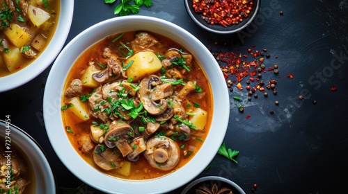 mushroom soup, the hearty combination of champignons, paprika, potatoes, meat, and spices in white bowls set on a dark table, to savor the comforting warmth of this delicious meal.