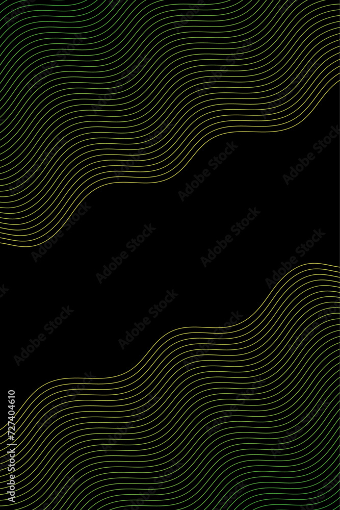 Abstract background with waves for banner. Standart poster size. Vector geometric background with lines. Element for design isolated on black. Green and yellow. Nature, spring. Brochure, booklet