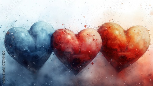 Trzy balony w kształcie serc unoszące się w powietrzu w temacie walentynkowym, miłości i romansu.