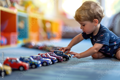 Cute baby boy building cars in row on the floor and playing with them. Stereotypical alignment of objects is a sign of autism. child leisure and pastime. childhood photo